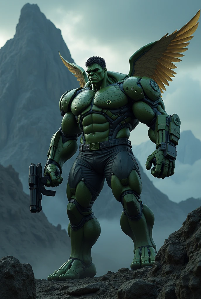Hulk in robotic suit standing beside the mountain at dark night with gun in his hand with wings with a crown in his head