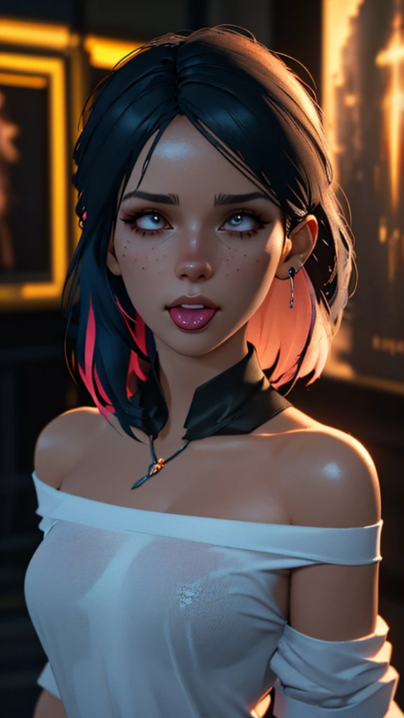 (masterpiece:1.4), (best quality), (detailed), 1girl, tongue, pale skin, oversized shirt, shirt, off shoulder, shirt, naked shirt, shirt tug, (edgEarPiercing, EAR PIERCING,)
 glow effects, godrays, Hand drawn, render, 8k, octane render, cinema 4d, blender, dark, atmospheric 4k ultra detailed, cinematic, Sharp focus, big depth of field, Masterpiece, colors, 3d octane render, 4k, concept art, trending on artstation, hyperrealistic, Vivid colors, extremely detailed CG unity 8k wallpaper, trending on CGSociety, Intricate, High Detail, dramatic