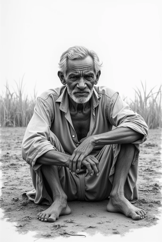 apoor tamil farmer sitting without food in his own farming field sadly photo in side in pencil drawing