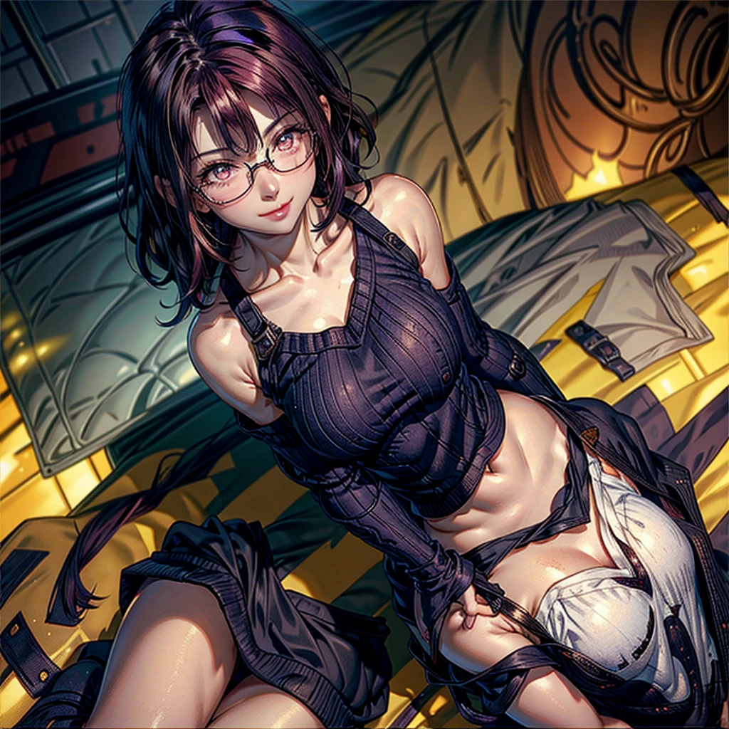 1 woman, short hair, curly hair, (natural redhead), yellow eyes, round glasses, chest a little big, ((Purple loose sweater)), bare shoulders, (Strapless), smile, smile coqueta, smile picara, full blush, flushed, (Mole on lips), Mole on shoulders, black skirt, Entrance of a house, shine, simple background, standing, from above, High resolution, anatomically correct, Very detailed, textured skin, UHD, high quality, HD Model, (Whole body), warm environment, lightning.