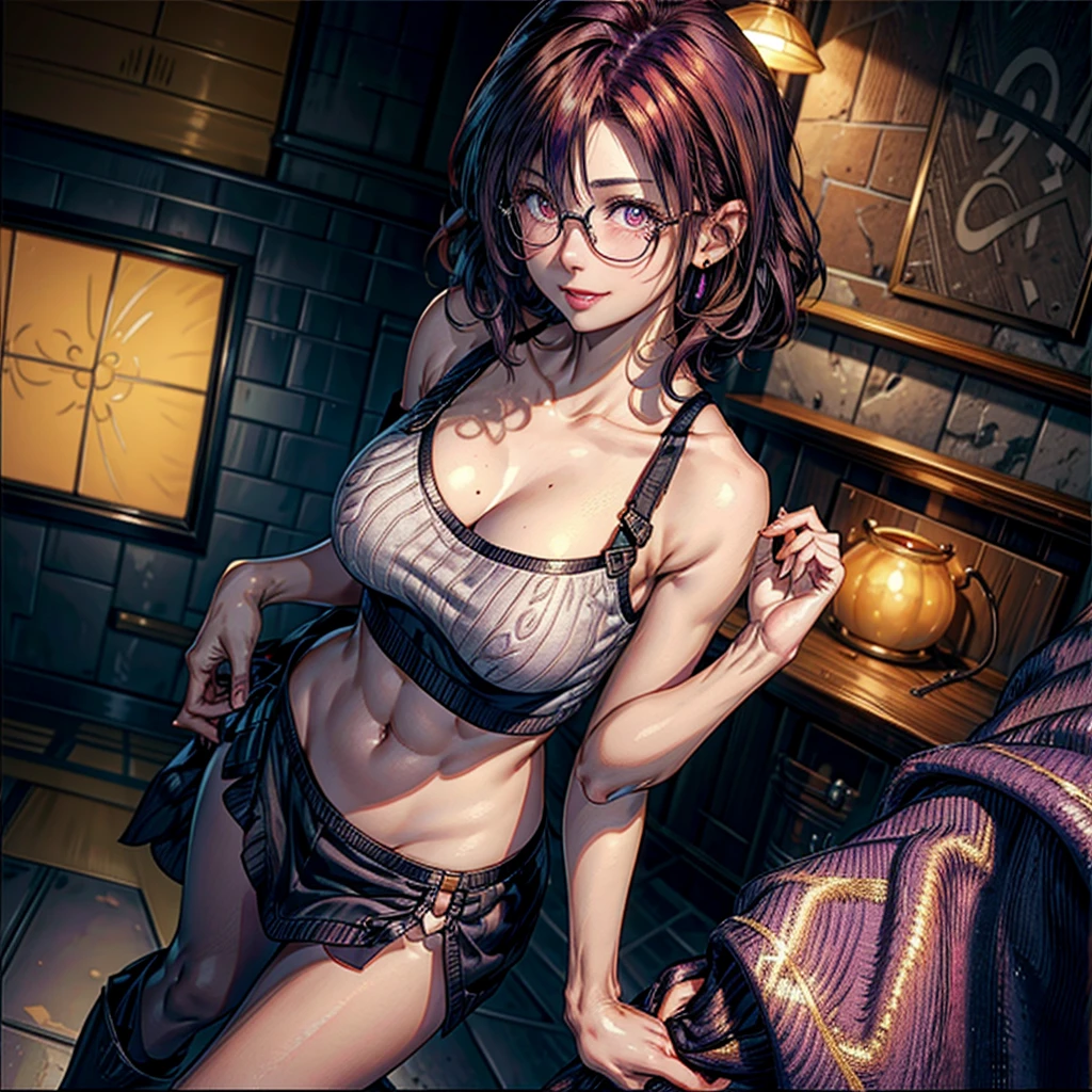 1 woman, short hair, curly hair, (natural redhead), yellow eyes, round glasses, chest a little big, ((Purple loose sweater)), bare shoulders, (Strapless), smile, smile coqueta, smile picara, full blush, flushed, (Mole on lips), Mole on shoulders, black skirt, Entrance of a house, shine, simple background, standing, from above, High resolution, anatomically correct, Very detailed, textured skin, UHD, high quality, HD Model, (Whole body), warm environment, lightning.
