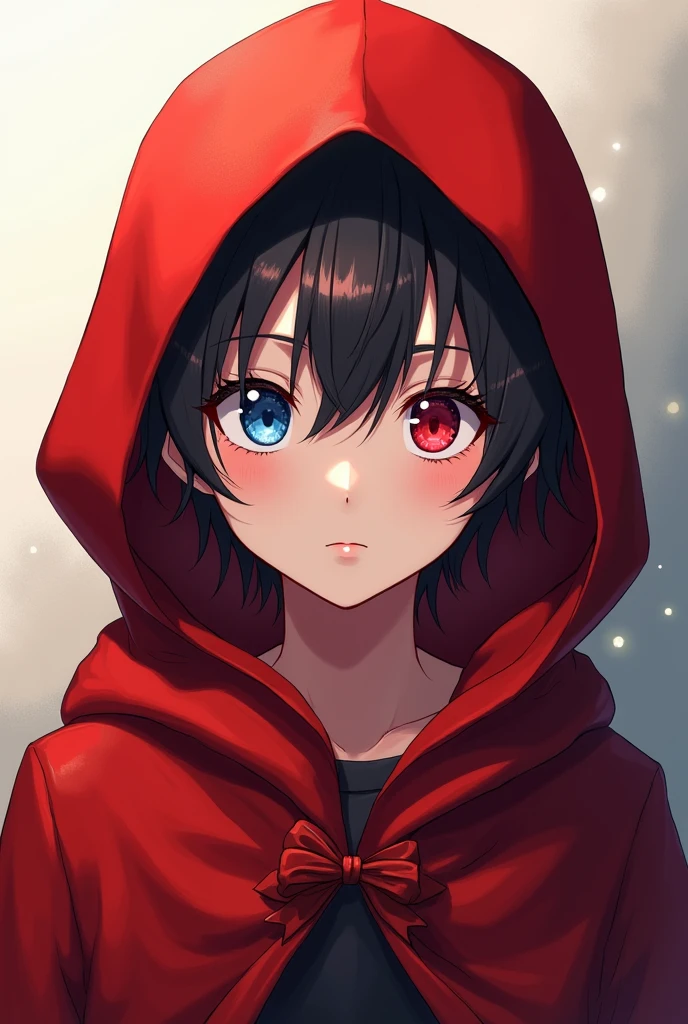Red hooded boy red and blue eyes anime