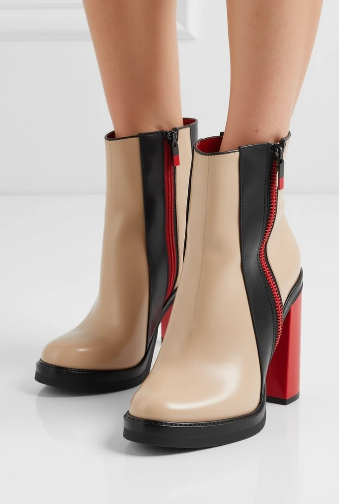 Create some beige ankle boots, black and red