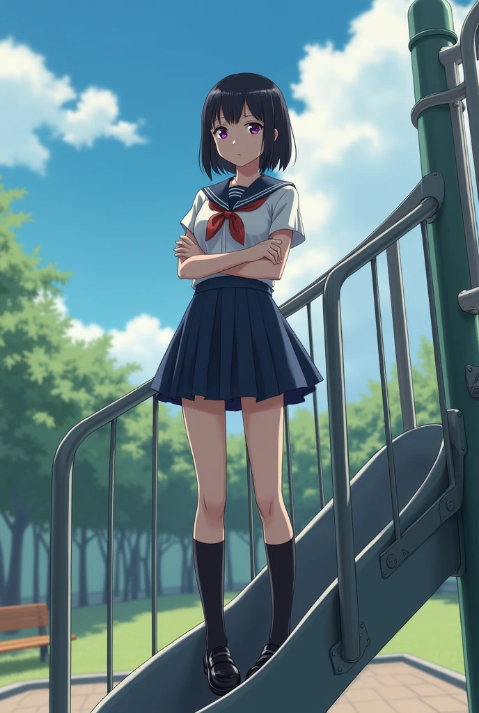 A high school girl standing on a slide with her arms folded、Black Hair、Bobcut、Japanese、Dynamic composition、Real。