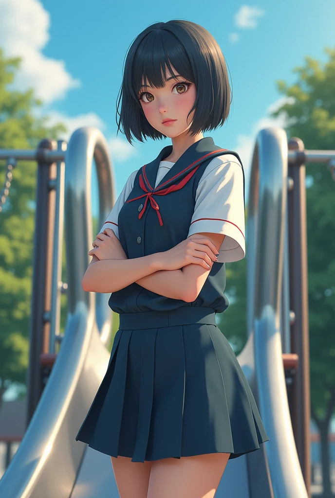 A high school girl standing on a slide with her arms folded、Black Hair、Bobcut、Japanese、Dynamic composition、Real。