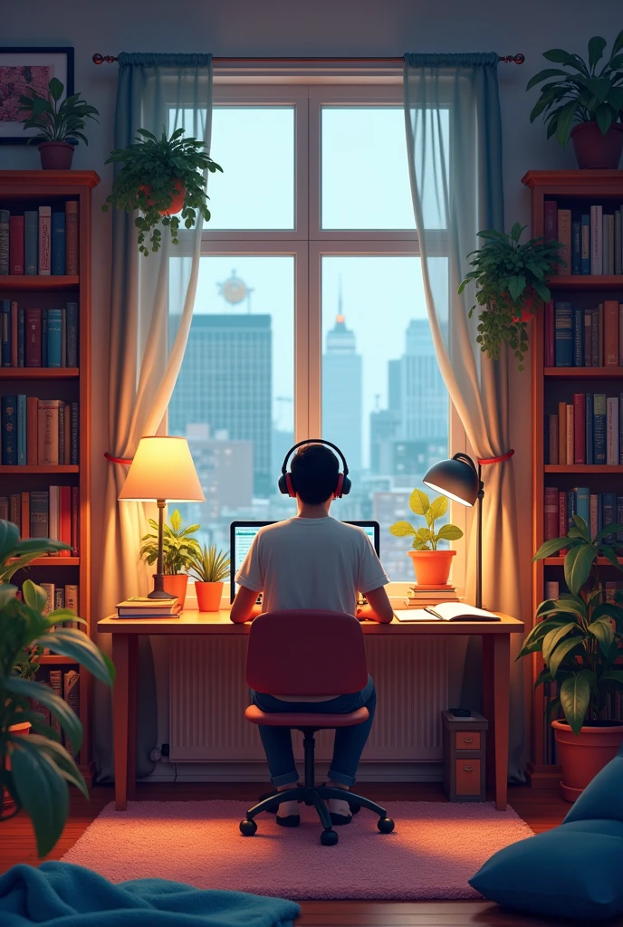 YouTube size , Create an image featuring a character sitting at a desk with headphones on, in a cozy room with warm lighting. The room should have elements such as books, decorations, and a window showing either a cityscape or nature. The atmosphere should be calm and inviting, suitable for studying or relaxing. Include soft shadows to enhance the warmth of the scene ,