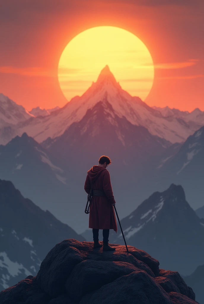 Man standing over mountain and the sun is raising behind the man. Man head is down