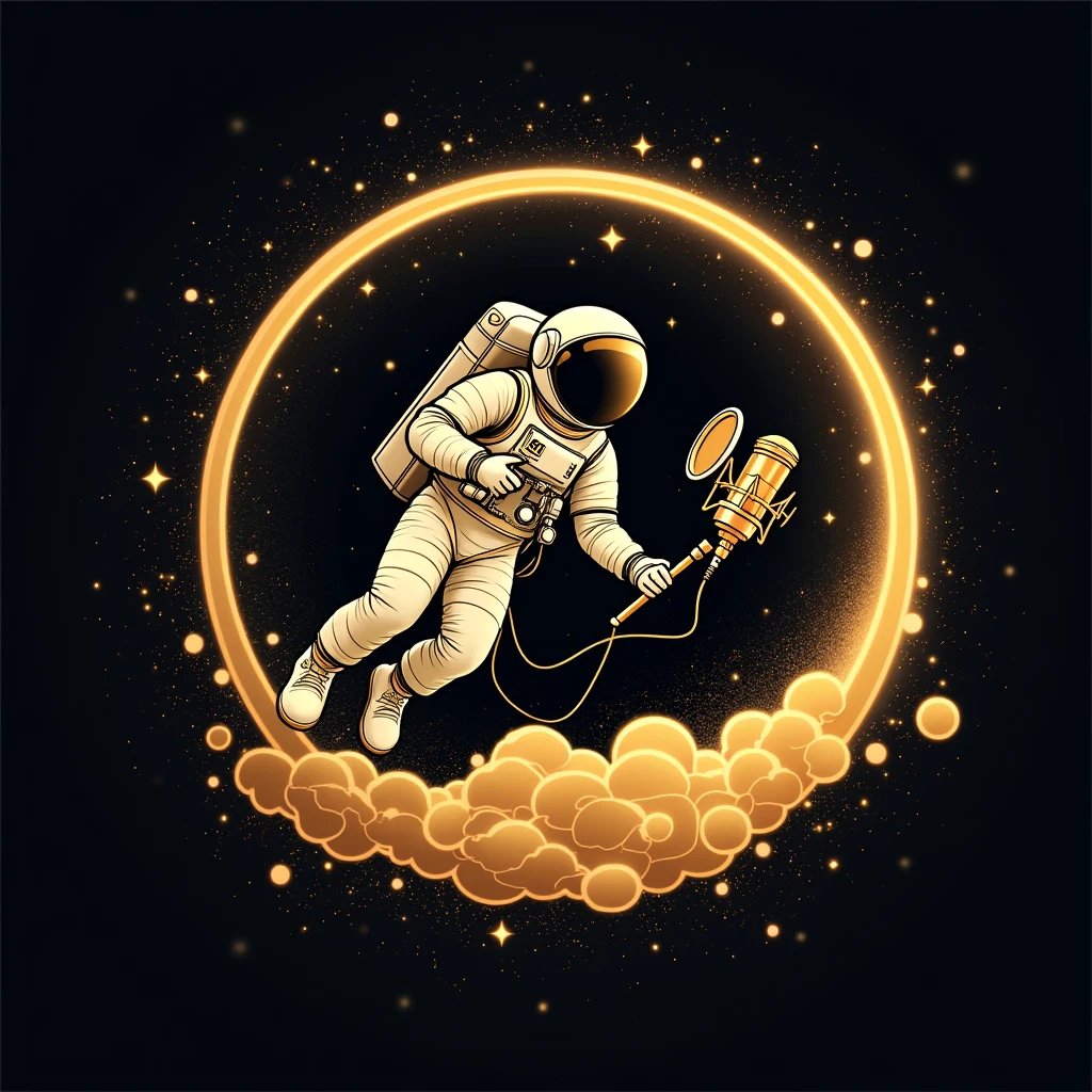Create a logo with space in the background and an astronaut floating with a recording studio composing a song in gold color in drawing