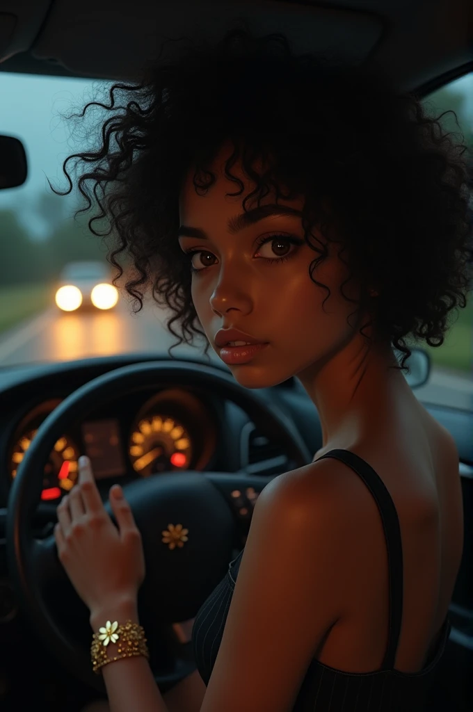You can create an image of a girl driving at night, The girl's characteristics are: brown skin, curly hair, slim, with a golden flower bracelet with the black garter, brown eyes and has to be turned back as if it were a photograph that was taken from behind