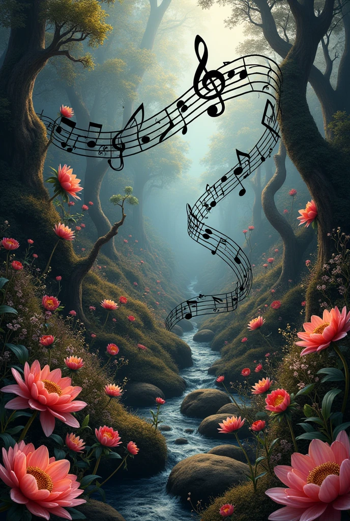 Image of musical notes in black color fantasy flowers in a landscape with musical instruments