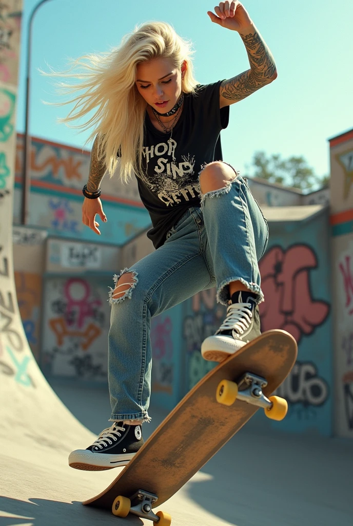 Punk 2 tattooed Kate Moss in sneakers and skater clothes on a skateboard doing a flip long platinum blonde hair blowing in the wind. 
Location skate park.