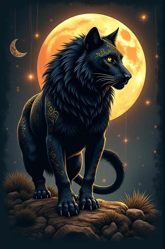 Create an image by putting together a wolf, a lion, a black panther, the moon and the sun in tattoo style.