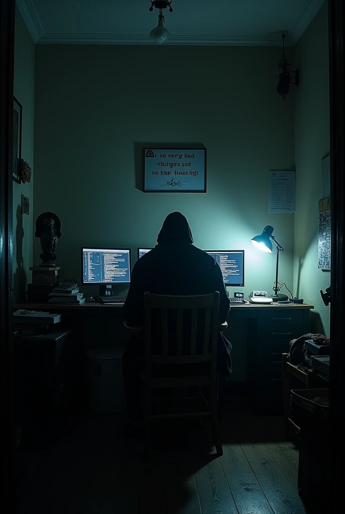 "A dark, dimly-lit room viewed from a side angle, showing a shadowy figure sitting in a wooden chair, facing slightly away from the camera. The figure is silhouetted by the soft glow of a desk lamp on a cluttered desk. The desk holds multiple computers with complex code on the screens, books, and a statue. Above the desk, a sign reads, 'I DO VERY BAD THINGS AND I DO THEM VERY WELL.' The room's atmosphere is eerie, with ominous shadows cast on the walls and a sense of something sinister lurking. The overall mood is mysterious, with the photo capturing the scene from a slightly low, side perspective to enhance the feeling of depth and tension."