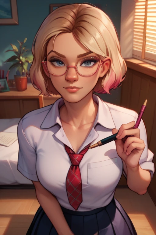 white silk shirt, deep v neck, school suit, red lace bra, school skirt, GwenstacySDXL, glasses above the nose, short hair, medium breast, teasing, looking at viewer, grabbing a pen, teasing, background(bedroom)