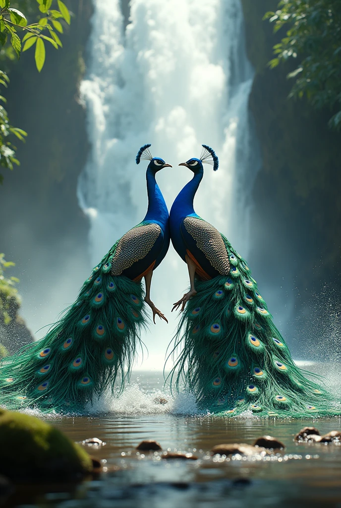 Two peacocks are dancing under the waterfall
