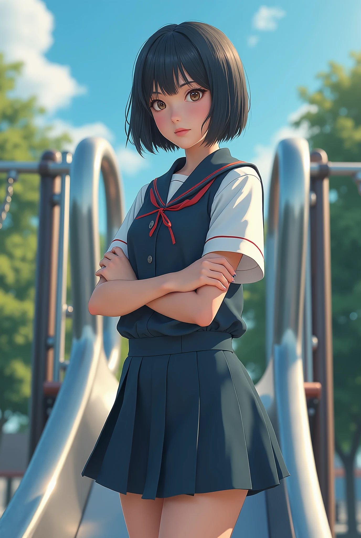 A high school girl standing on a slide with her arms folded、Black Hair、Bobcut、Japanese、Dynamic composition、Real。