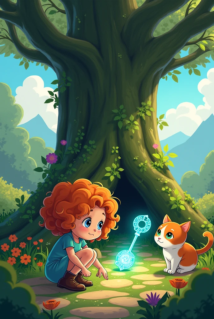 My name is Vaiolet and I have curly orange hair. , I am and I am a curious and brave girl. I live in a small town surrounded by mountains and magical forests. Every corner of the place is full of stories and secrets, and I love to explore. My best friend is a cat named Mirú, who is always by my side, with its big green eyes and white and orange fur.
A sunny day, while helping my grandmother in the garden, I decided to explore an area I used to ignore. The garden was full of brightly colored flowers and bushes that formed labyrinths.. I entered among the leaves and branches, And there, among the dense vegetation, I discovered an old tree with a majestic appearance. Its trunk was covered with moss and vines., and looking at it more closely, I saw something shiny at the base of the tree.
Me agaché para inspeccionar And there, nailed to the wood, There was a glass key. The key had an intricate design and a magical glow that seemed to change color in the sunlight.. My heart was beating fast with excitement and curiosity.. I have never seen anything so strange in all my time exploring the garden.. The key shone in a way that seemed to invite me to discover its mystery..