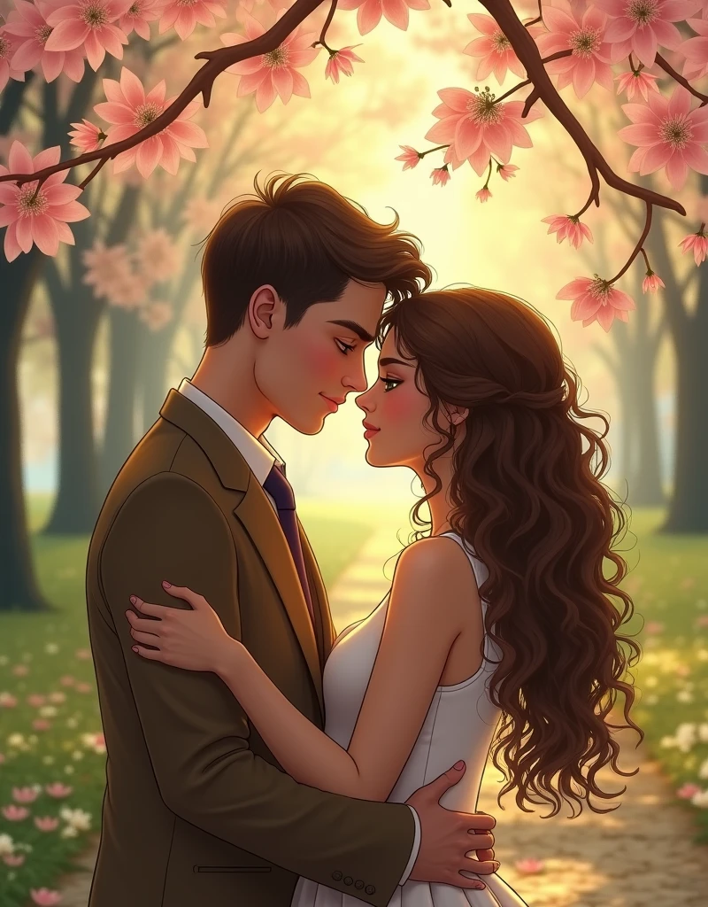 ---
**Title: The Meeting of Two Hearts**
**Chapter 1: The First Encounter**
It was a sunny spring afternoon in the small town of San Rafael. Juan, a young man with brown hair and green eyes, was walking through the park, enjoying the scent of freshly bloomed flowers. María, a young woman with curly hair and a bright gaze, was sitting on a bench, reading a book.
Juan, drawn to the park's tranquility, approached the bench where María was seated. Without much thought, he addressed her.
—Hello, may I sit here? —Juan asked with a friendly smile.
María looked up from her book, surprised but pleased.
—Sure, go ahead —she replied, returning the smile.
Juan sat down and glanced at the book María was holding.
—What are you reading? —he asked with curiosity.
—It’s a romance novel —María answered—. I love how the characters find love in unexpected situations.
Juan laughed.
—It sounds interesting. Maybe I should give that kind of reading a chance.
**Chapter 2: The Connection**
As the weeks passed, Juan and María began to meet more frequently in the park. Their conversations grew deeper and their laughter more frequent. They realized they shared a special connection.
One afternoon, while walking together on the park's path, Juan gathered his courage and said to María:
—María, since I met you, I feel like something has changed in me. You make me see life differently.
María looked at him, her eyes shining with emotion.
—I’ve felt the same way, Juan. I feel that every moment with you is special.
**Chapter 3: Declaration of Love**
One evening, Juan decided to confess his feelings. They had planned to watch the sunset from a nearby hill, and the atmosphere was perfect.
They sat together, watching the sky turn orange and pink.
—María —Juan began—, there’s something I’ve been wanting to tell you.
María looked at him, her heart racing.
—Tell me, Juan.