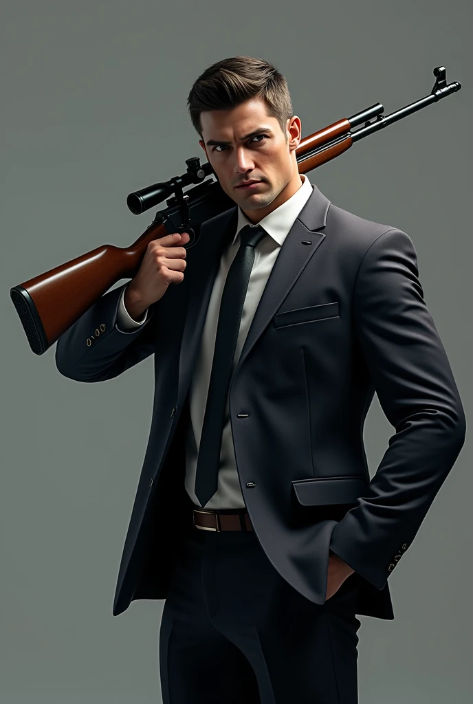 A 30 year man who wears a suit have a big rifle in one hand and rifle rest on his shoulder , looking at screen realistic image face and body properly visible body facing front side while man looking left side man alon in image