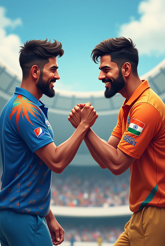 Two person with cricket india jersey fist bumping