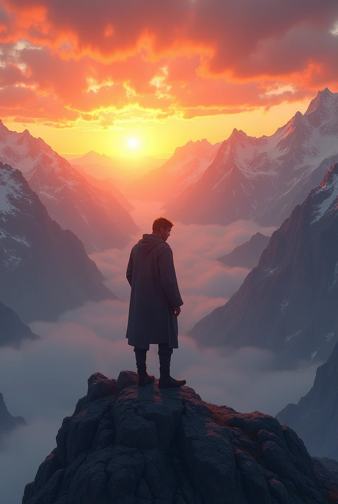 Man standing over mountain and the sun is raising behind the man. Man head is down