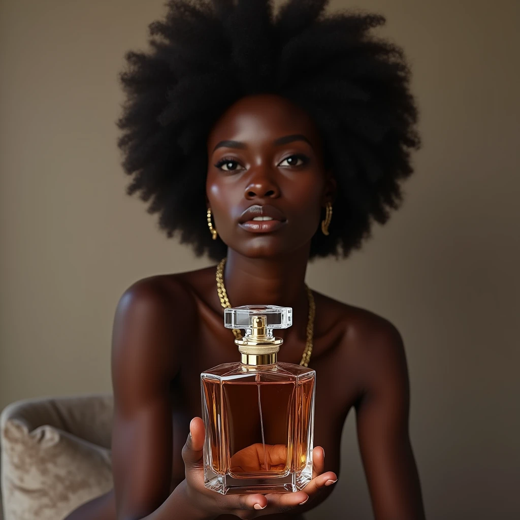 a photorealistic portrait of a beautiful ebony-skinned woman, naked, with a concentrated and passionate expression, holding a camera firmly as she focuses on an elegant crystal perfume bottle in a professional photography studio, soft and diffused lighting, minimalist background, sophisticated perfume bottle design with balanced reflections and shadows, the woman wearing tasteful jewelry, 8k quality, vivid colors, high level of detail, professional studio lighting, physically-based rendering