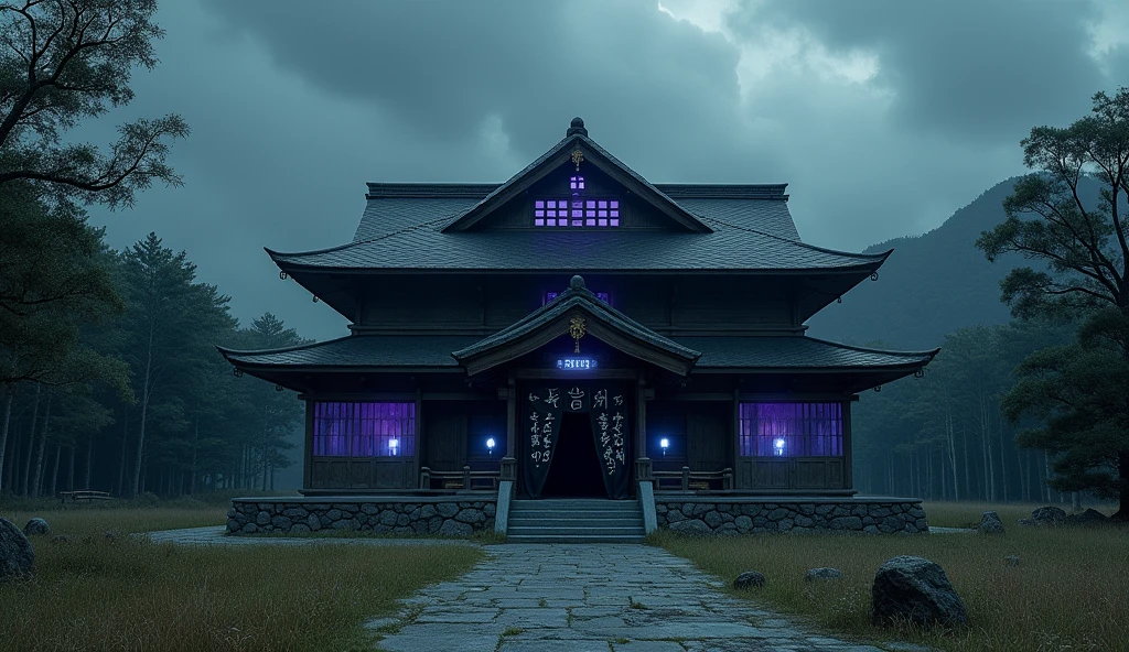 A mysterious large Japanese-style mansion、Wide width、Near the forest、It&#39;s a single-story wooden building with an eerie monument visible in the back.、Inspired by old Japanese houses、Creative religious facilities、辺境の寂しい場Placeにある、A glimpse of unknown technology、It has been several decades since it was built.、The surrounding background is bright during the day, so the area around the building has a creepy atmosphere to contrast with it.、Place々Rough、A large black curtain with mysterious letters written in white hangs at the entrance.、Several glowing blue lanterns are attached to the building.、The sky in the foreground is bright and blue, but dark clouds can be seen in the distance.、One room at the top back is glowing purple.