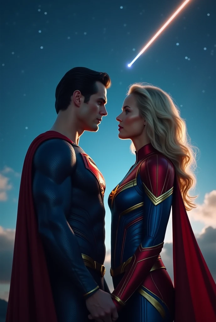 [Ending Scene: A Hopeful Promise]
End with an uplifting score and a close-up of a shooting star across the sky.
The video fades out with the words: "True love knows no bounds. Superman & Captain Marvel - A love story that will live on in the hearts of heroes forever."