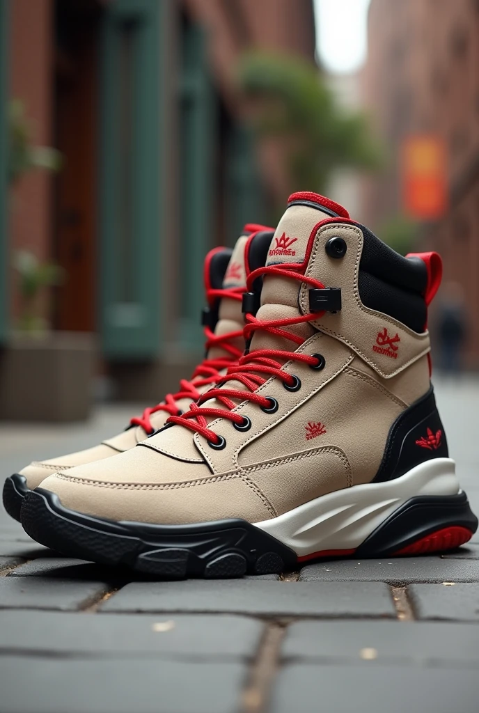 Create some beige boot sneakers, black and red