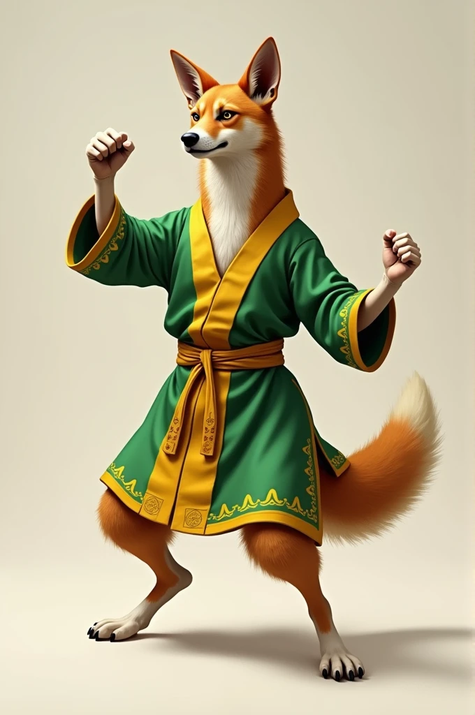 A dingo. Wearing a Green and Yellow Robe. Doing a kung-fu pose.  