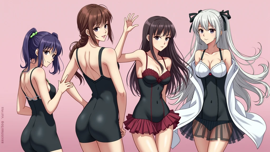 Four cute sexy adult teachers, one with long brown hair with a braid, another with short dark brown hair, another with short white hair with a serious expression. And finally, a girl with long purple hair with two pigtails, all four completely in underwear.