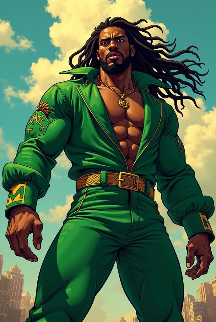 Black Power Long Haired Black Man in Green Outfit Anime Drawing