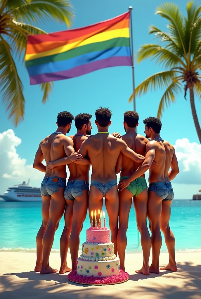 Big Puerto Rico gay flag, cruise, happy birthday cake . Gay men looking to the Sea naked , February month 