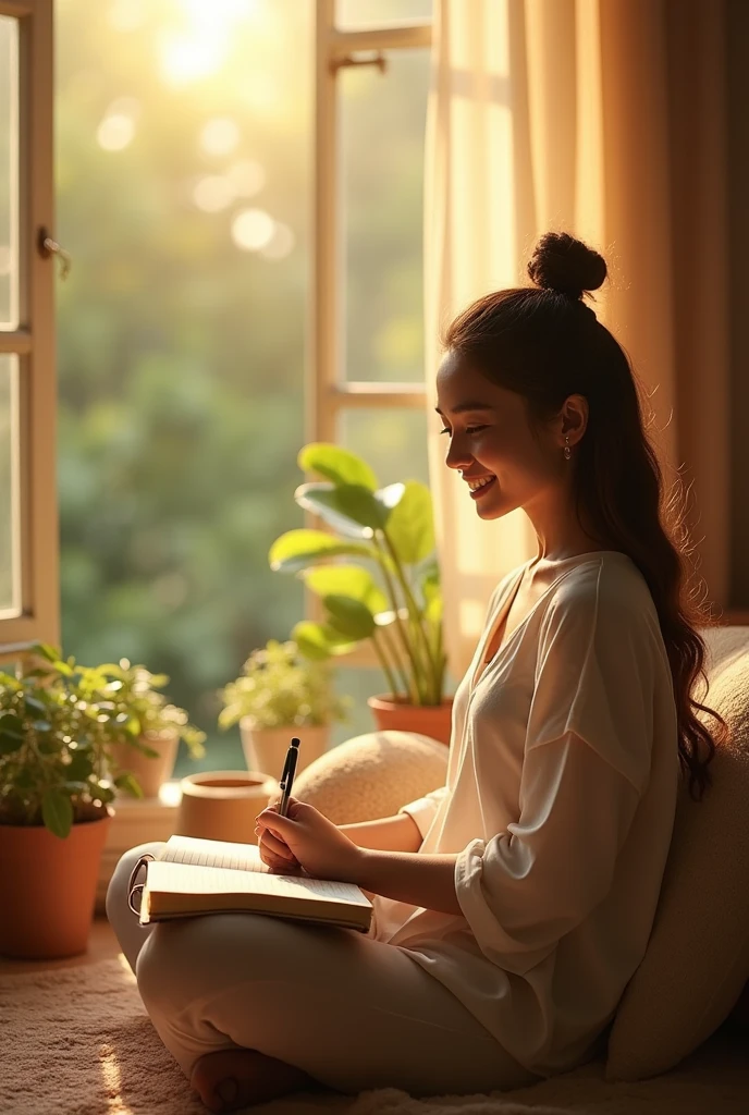 a person practicing gratitude, writing in a journal, and smiling