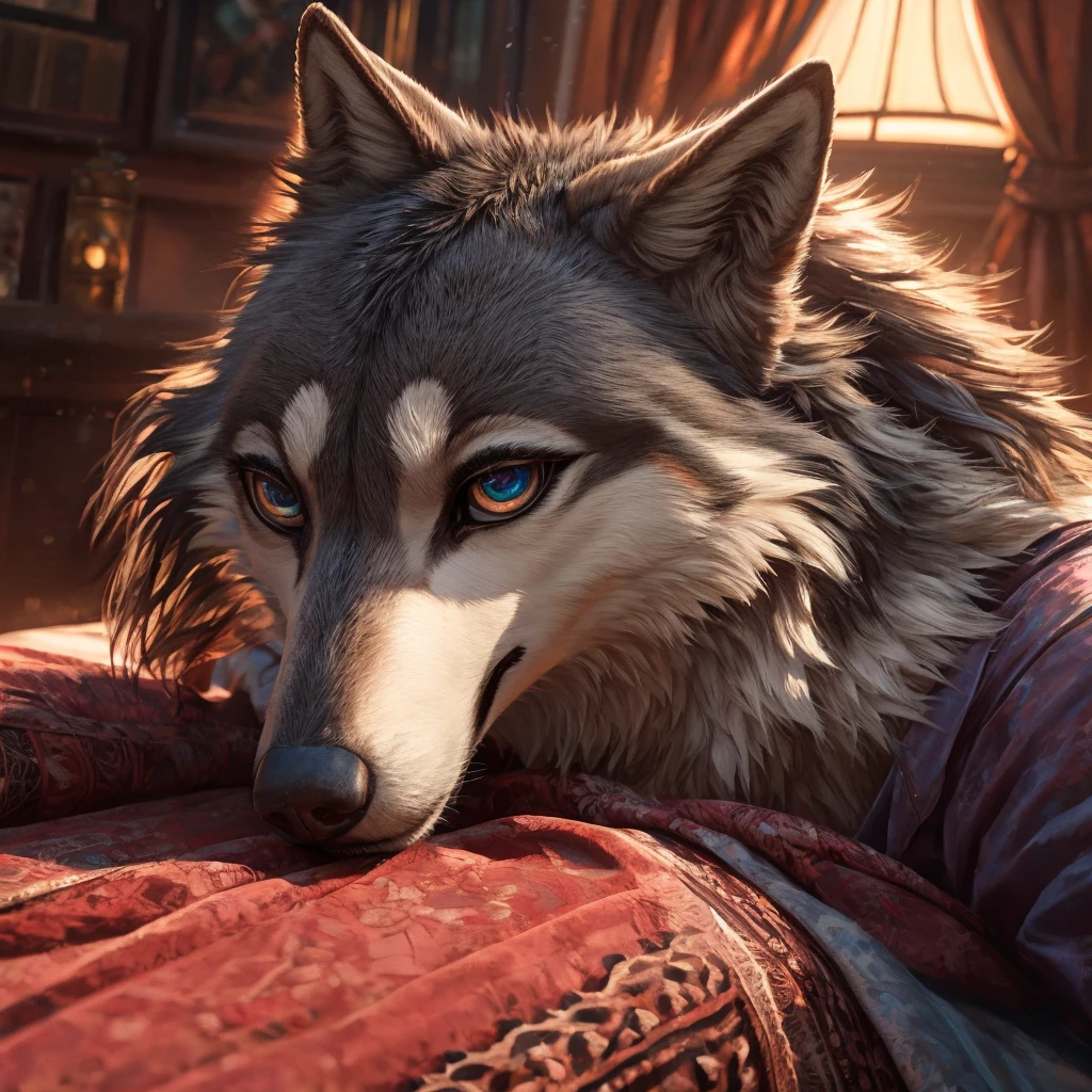a hot tomboy female gray wolf laying down on a bed,wolf girl,beautiful detailed eyes,beautiful detailed lips,extremely detailed eyes and face,long eyelashes,anthro,1girl,beastars anime style,tomboy clothes,realistic,photorealistic,photo-realistic:1.37,best quality,4k,8k,highres,masterpiece:1.2,ultra-detailed,vivid colors,studio lighting,physically-based rendering