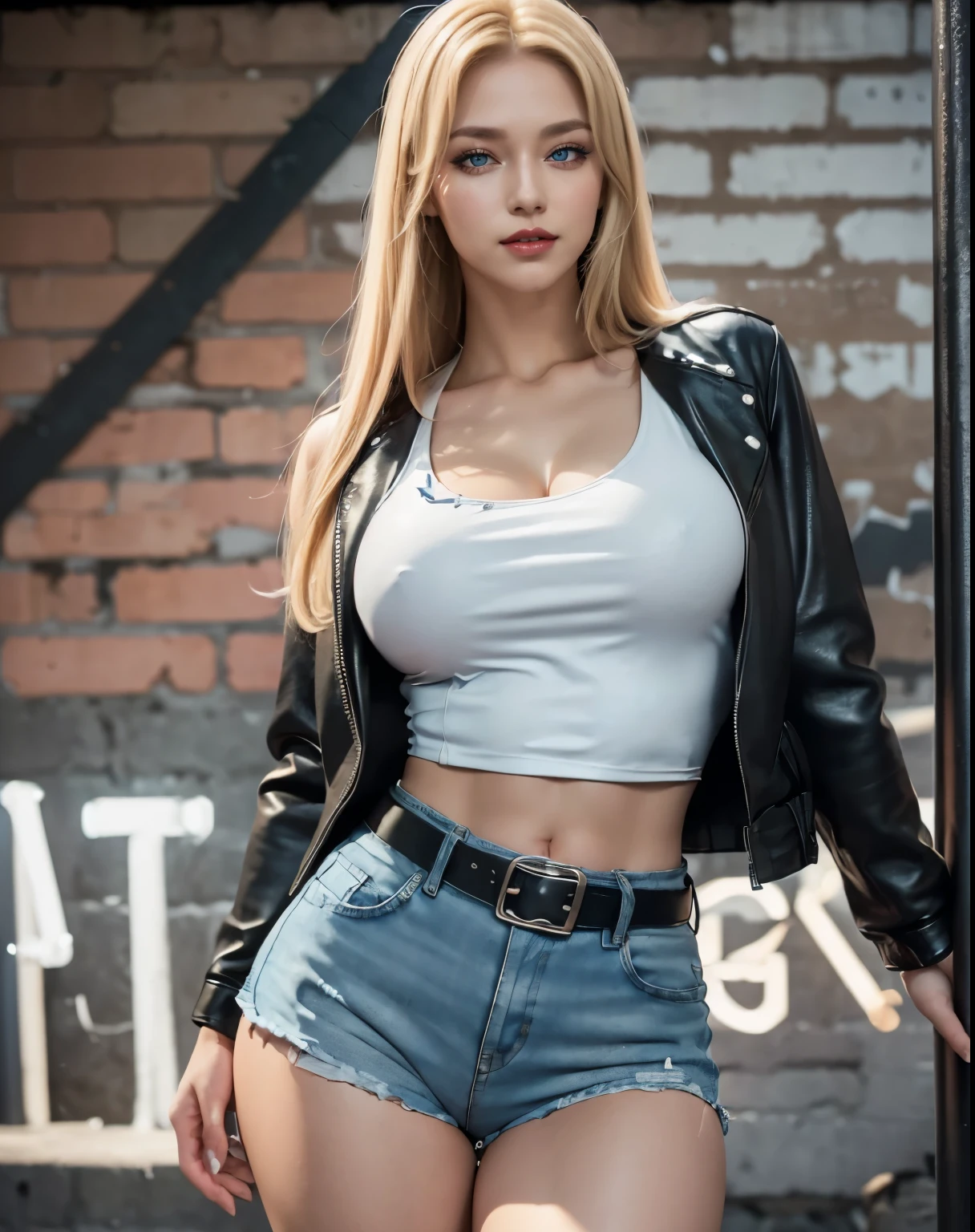 1girl, (Blue Eyes), (smiling), (beautiful makeup :1.2), (big tits :1.2), (big ass), thin waist, thick thighs, toned legs, muscle, (Best Quality, 8k, Masterpiece), Clear Focus, Perfect Body Beauty, strong abs, Highly detailed face and skin texture, detailed eyes, double eyelids, red lips, (blonde long straight hair :1.3), (white tank top with black leather jacket :1.3), (denim shorts with leather belt and fishnet stockings :1.2), standing, dynamic pose, next to a brick wall with graffiti, at night, illuminated by neon signs