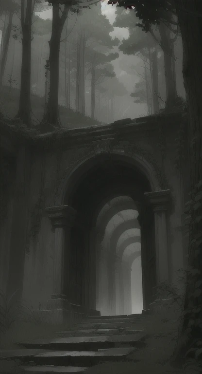 Masterpiece, best quality, overgrown plant life, Ancient, abandoned magic door in the Forest, fog,