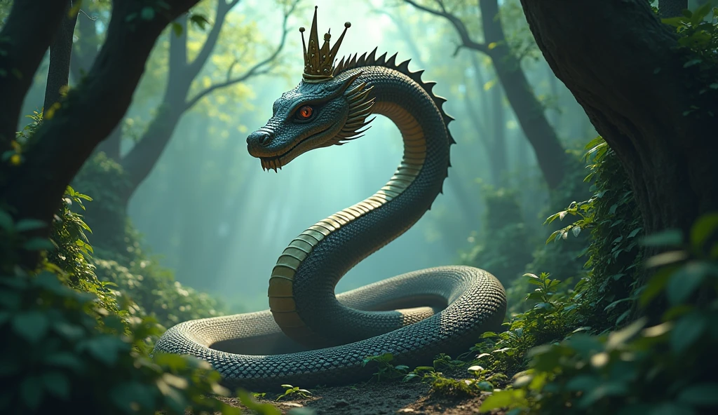 Image: A huge, menacing serpent with a crown-like head emerging from the forest.
Cinematic cartoon 3d style