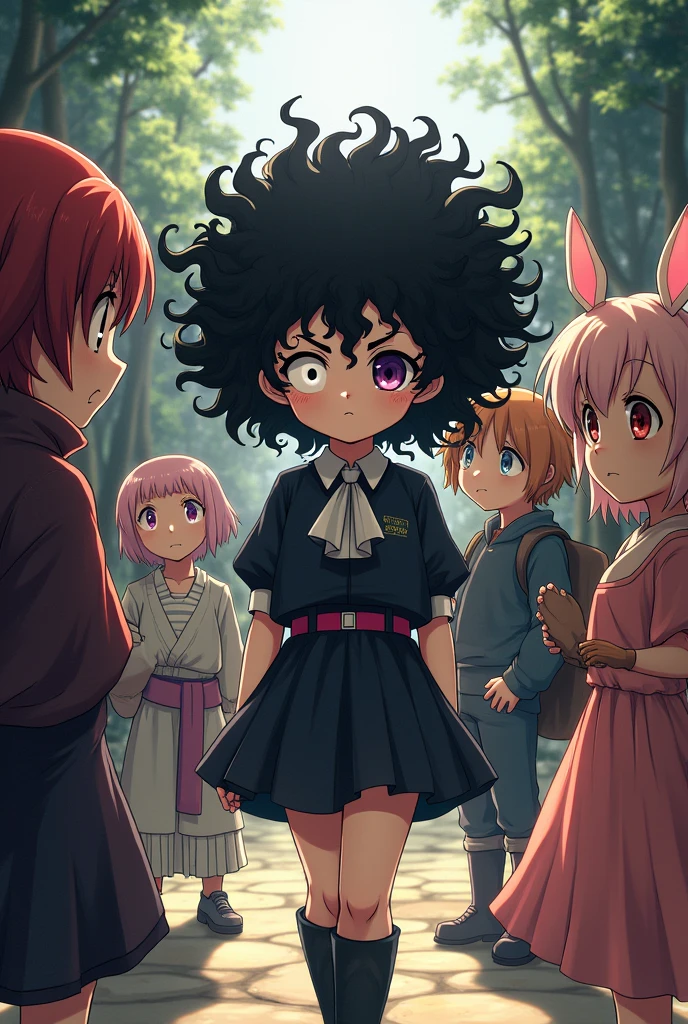 Create an image in the style of Nanatzu no Taizai where there is a girl with very curly and frizzy hair.,with one white eye and the other black, May her uniform be like that of the Boar Tavern and may she be accompanied by the seven deadly sins, the little pig and Elizabeth, remember this is set in the anime nanatzu no taizai