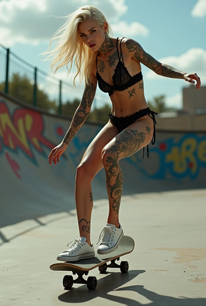 Punk 2 tattooed Kate Moss in sneakers and lace lingerie on a skateboard doing a flip long platinum blonde hair blowing in the wind. 
Location skate park.