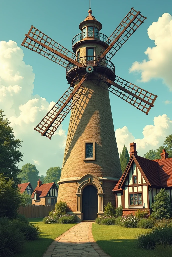 a light house and a windmill combine design on each side and an english house style. also english house in surrounding and with  big triangle house