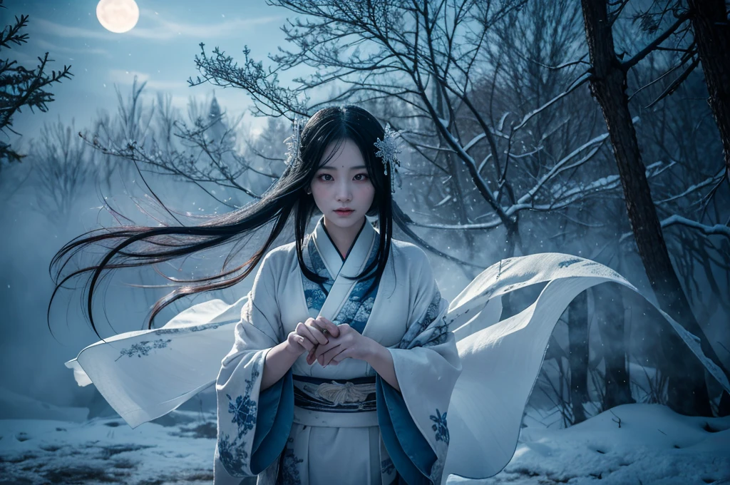 **Prompt:** Create an ultra-realistic 8K resolution image of Yuki-onna, the mythical snow spirit from Japanese folklore, reimagined as the ultimate horror figure while retaining her iconic features. Yuki-onna is depicted with ghostly pale, almost translucent skin that glistens with frost, giving her an ethereal and menacing presence. Her long, flowing black hair is tangled and unkempt, partially obscuring her face and adding to her eerie allure. Her eyes are a piercing icy blue, glowing ominously in the darkness, and exuding a sense of cold indifference and terror.
She wears a tattered, white kimono that appears to be made of ice and snowflakes, intricately detailed with dark, sinister patterns that resemble frostbite and shadows. The kimono is torn and ragged, with parts of it seemingly melting or disintegrating, enhancing her terrifying appearance. Her movements are fluid and unnatural, as if she glides effortlessly through the air, leaving a trail of frost and mist in her wake.
Yuki-onna's presence is surrounded by a chilling, snow-covered landscape under a blood-red moon, casting long, twisted shadows and creating an atmosphere of dread. The background features barren, leafless trees with icy branches and a frozen, desolate environment that amplifies the horror elements. Snowflakes swirl violently around her, some turning into ghostly apparitions or icy shards that add to the sinister mood.
Her expression is cold and emotionless, with a slight, unsettling smile that hints at her malevolent nature. Her hands are elongated with sharp, claw-like nails, and she holds a staff made of ice that emanates a dark, frozen energy. The overall scene captures the essence of Yuki-onna as the ultimate horror figure, blending her traditional mythical attributes with a terrifying and haunting aesthetic that evokes fear and fascination.