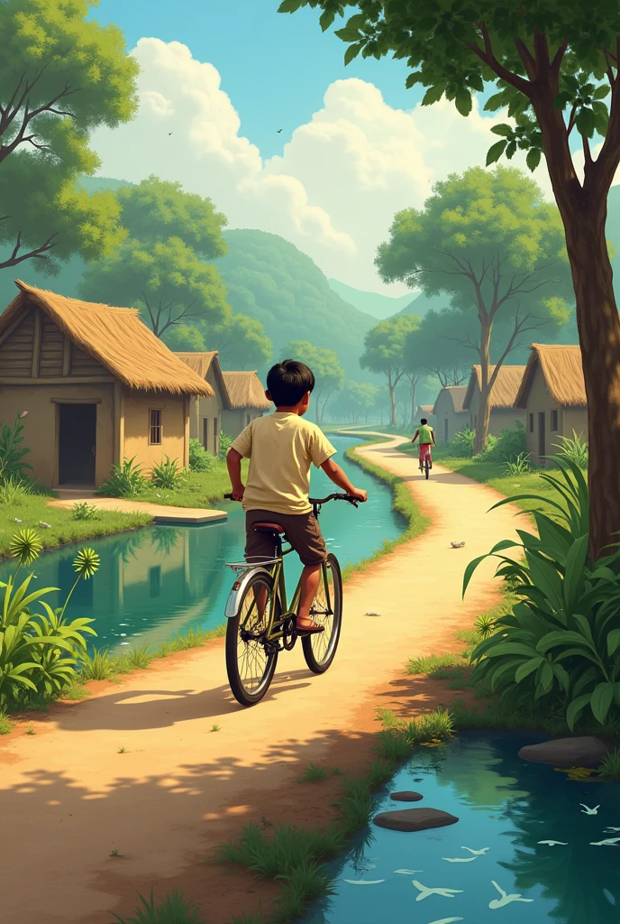 A boy rides a bicycle on a village road in Bangladesh. Fish pond
s on both sides of the road