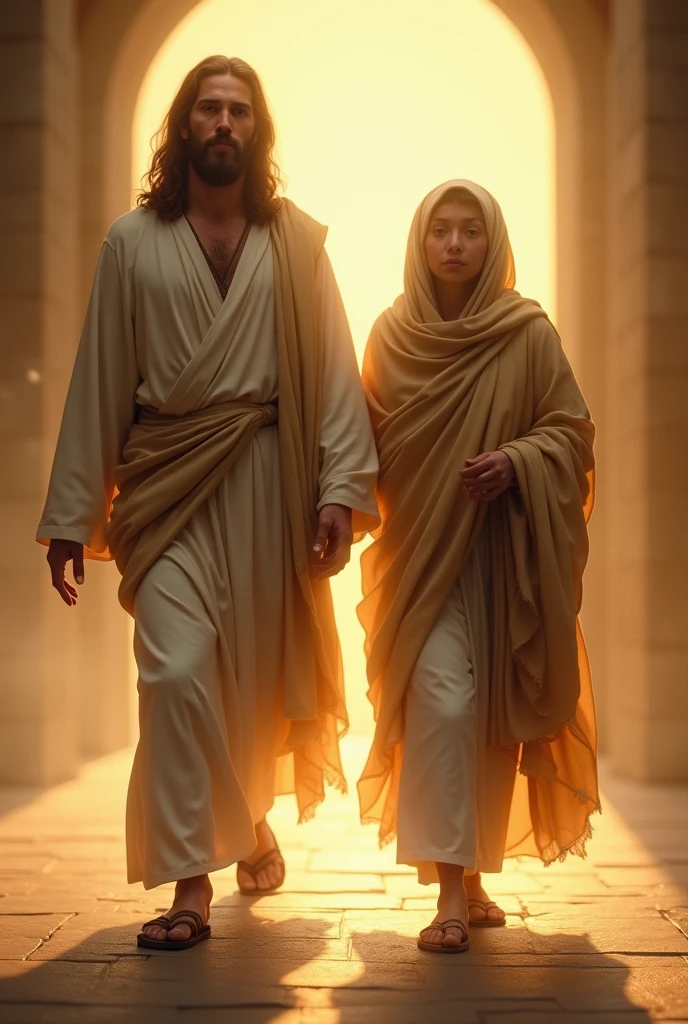 Jesus walking with a person in the light 