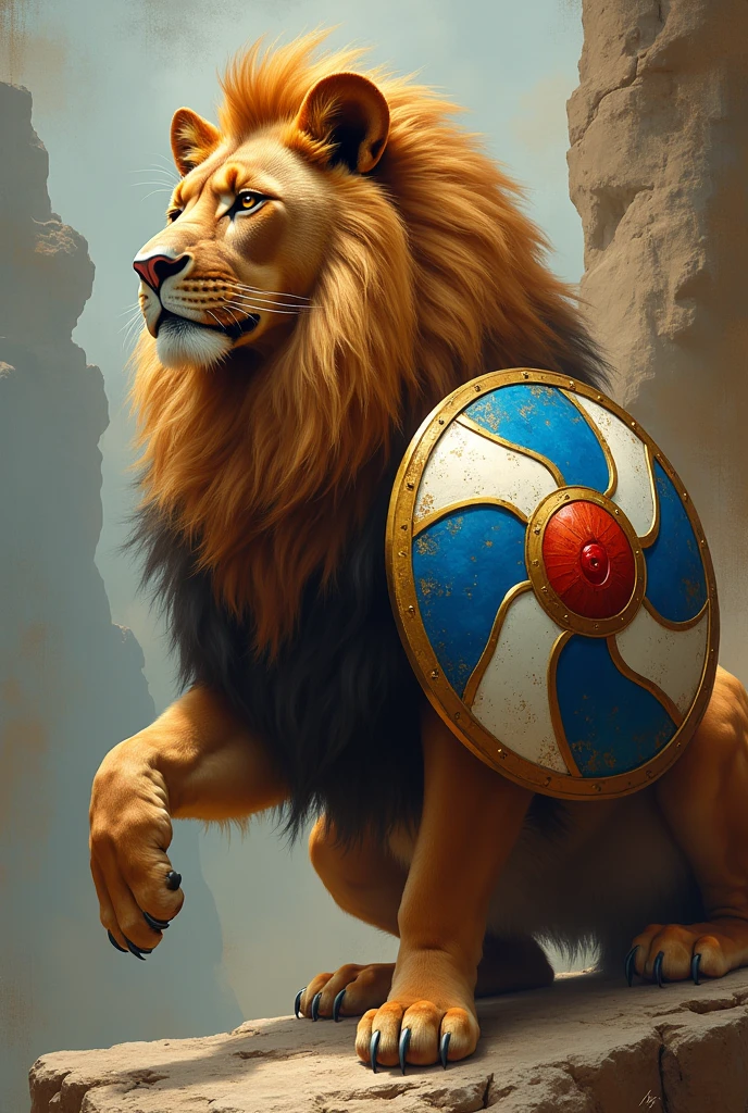 Animal that represents strength, respect, justice and love, tolerance that inspires confidence with a shield on its right side in blue, white, Red and yellow