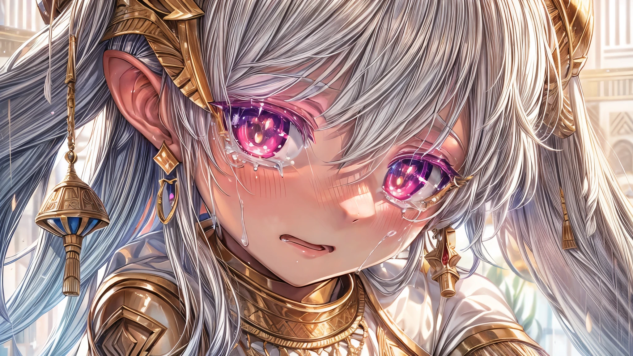 High resolution, masterpiece, Highest quality, Textured skin, Plump Skin, Glowing Skin, girl, Just One, Brown Skin, Tanned character, White Hair, White eyelashes, Small breasts, human, Royalty, Crescent-shaped earrings, Egyptian ornaments, Flying in the air, dress, armor, Rubber Suit, Low exposure, Anime-style illustrations, Are crying, Crying, sorrow, Big tears, In the heavy rain, Twin tails