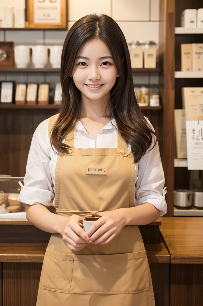 front、Highest quality, Ultra-high resolution, (Realistic), RAW Photos,(Depth of written boundary:1.5), (Upper body photo)、A neat and clean Japanese woman、beautiful girl、20-year-old、smile、Natural Skin、Long Hair、Coffee shop clerk、Wearing an apron