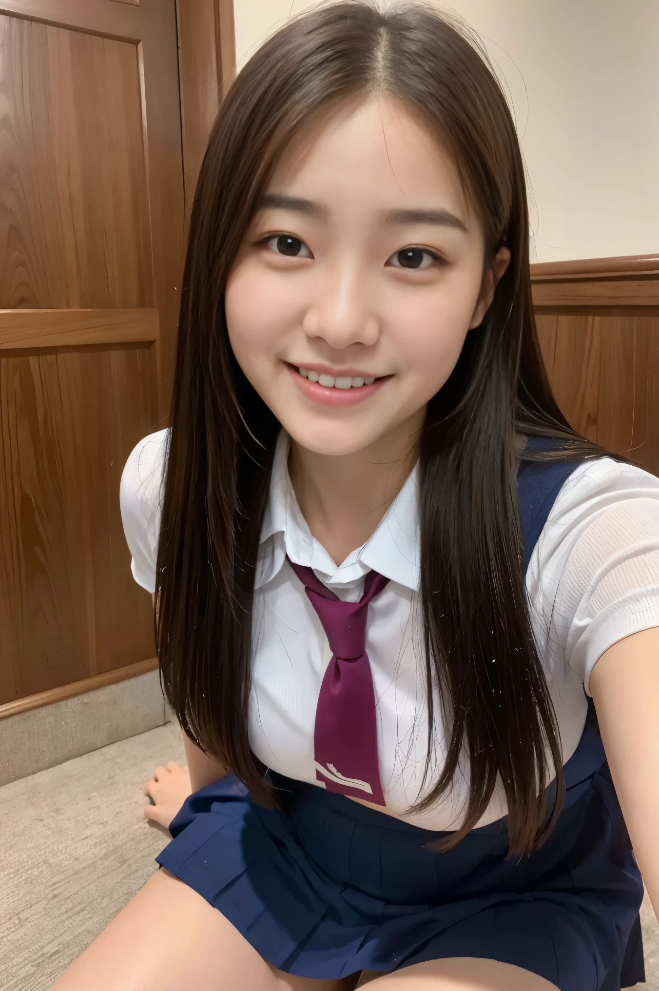 (8k), (highest quality: 1.2), (realistic), (realistic: 1.37), ultra high resolution, 1 girl, cute, smile, closed mouth, beautiful details, beautiful nose, whole body, wet hair, giant dulcefo, pork, school uniform, thighs，selfie,Navel exposed,