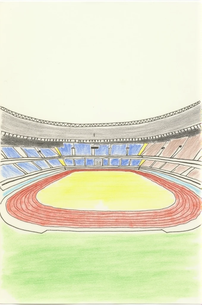 common field of athletics, made in a very simple drawing, as if it had been done by hand in a notebook with pencil and colors, without any people in the drawing.
