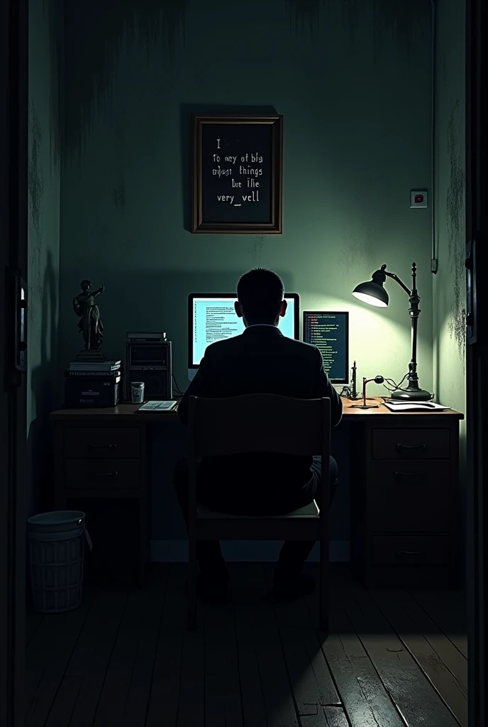 "A dark, dimly-lit room viewed from a side angle, capturing a shadowy figure sitting in a wooden chair. The figure is facing slightly towards the desk, which is illuminated by a desk lamp. The desk is cluttered with computers displaying complex code, books, and a statue. A sign on the wall above the desk reads, 'I DO VERY BAD THINGS AND I DO THEM VERY WELL.' The room has an eerie atmosphere, with ominous shadows cast on the walls, and the overall mood is mysterious and sinister. The side angle emphasizes the depth of the scene, with the figure's profile partially visible, adding to the tension and intrigue."